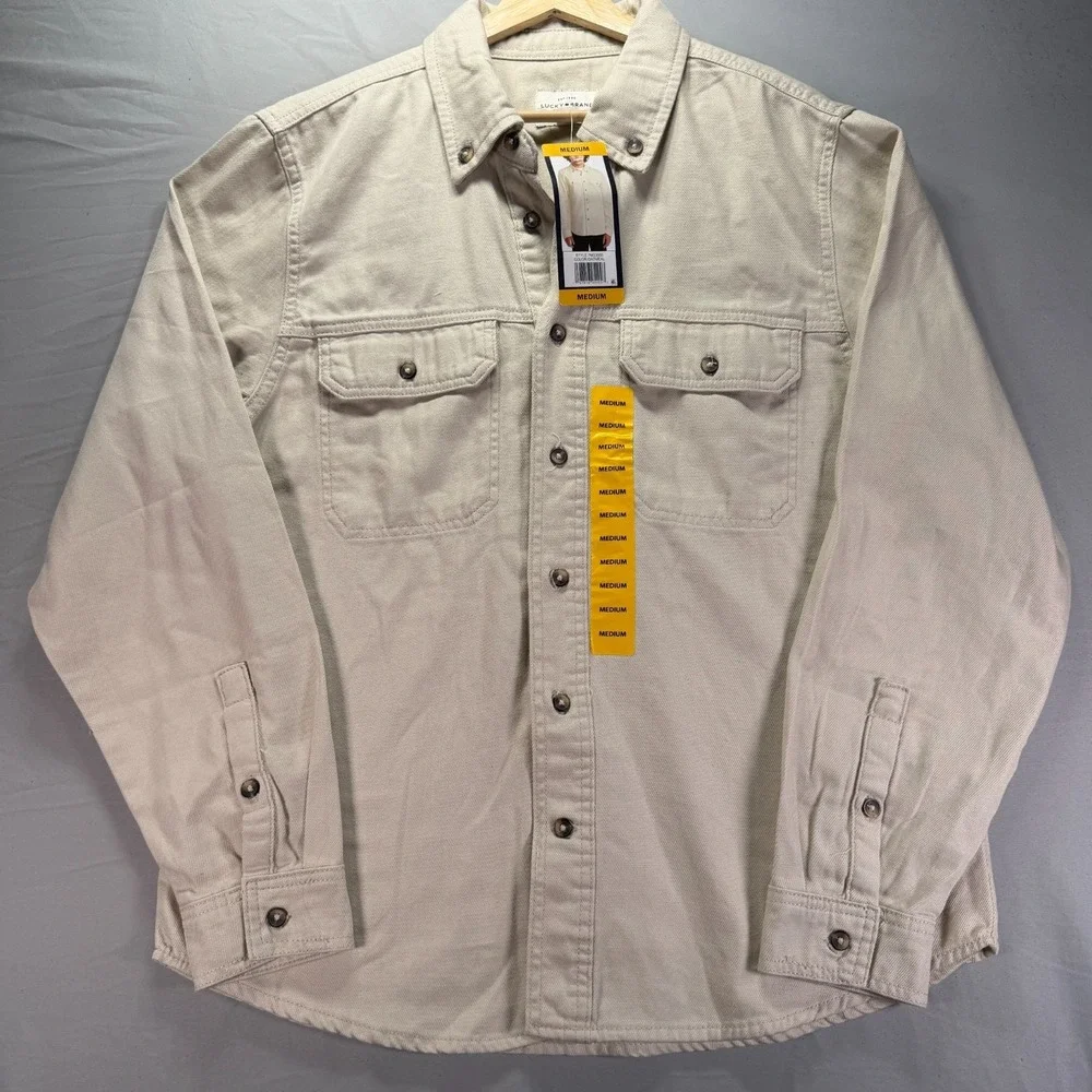 Lukcy Brand Button Down Shirt Men Medium Beige Twill Long Sleeve Heavy Thick NWT